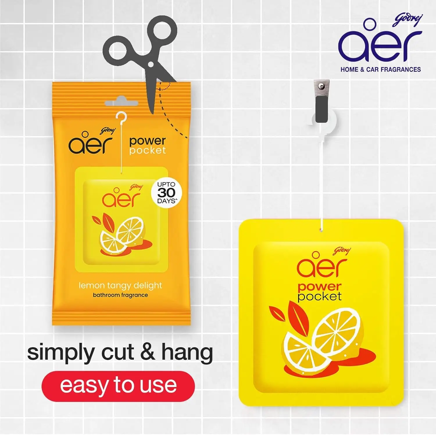 Godrej aer Power Pocket bathroom fragrance in the Lemon Tangy Delight scent