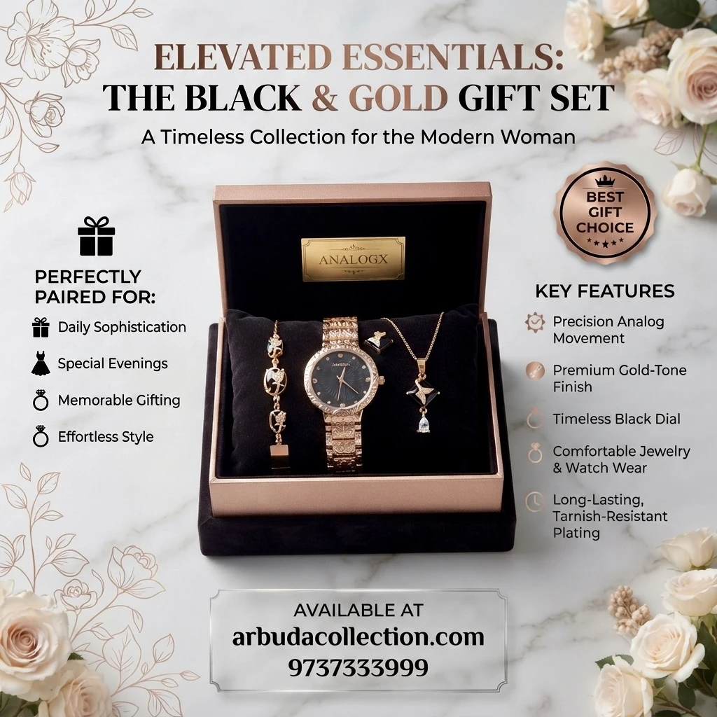 an analog wristwatch and matching jewelry pieces