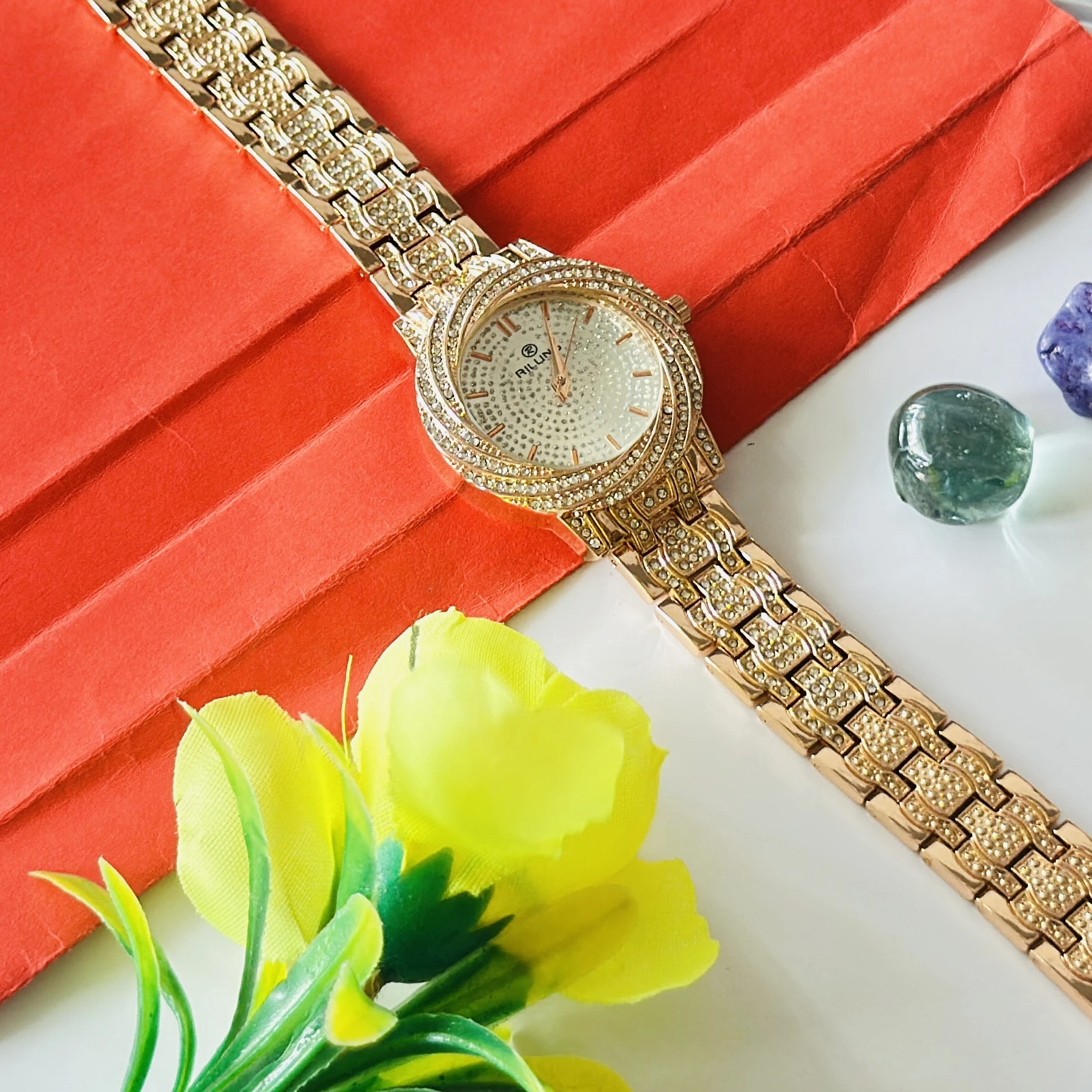 Rillins crystal-embellished gold-tone quartz watch for women.
