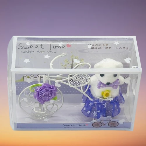 White Plastic Cycle with Teddy Bear and Rose Petals Gift Box