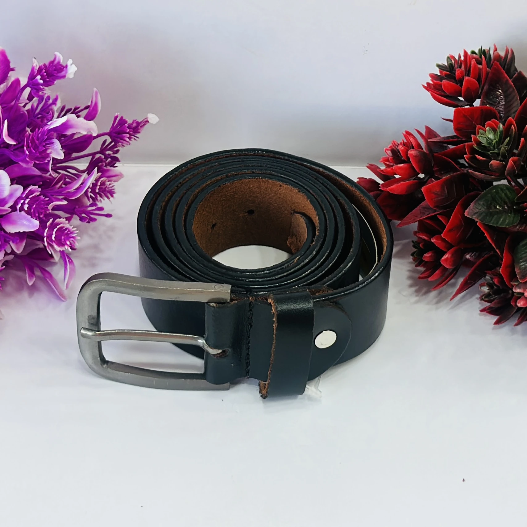 Black genuine leather men's belt