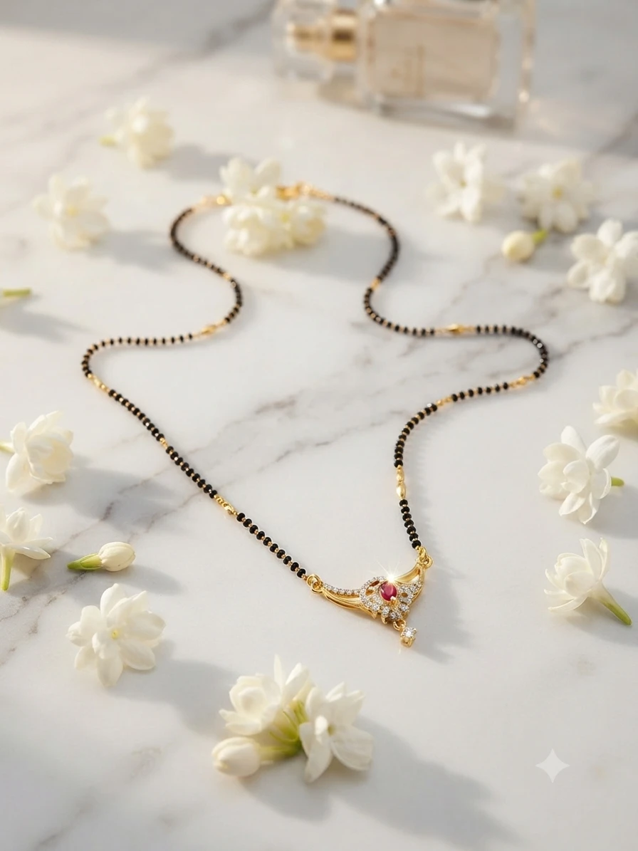 Mangalsutra featuring a ruby and American diamond studded pendant