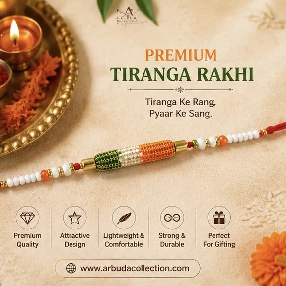tricolor bead rakhi features a cylindrical charm adorned with saffron, white, and green beads