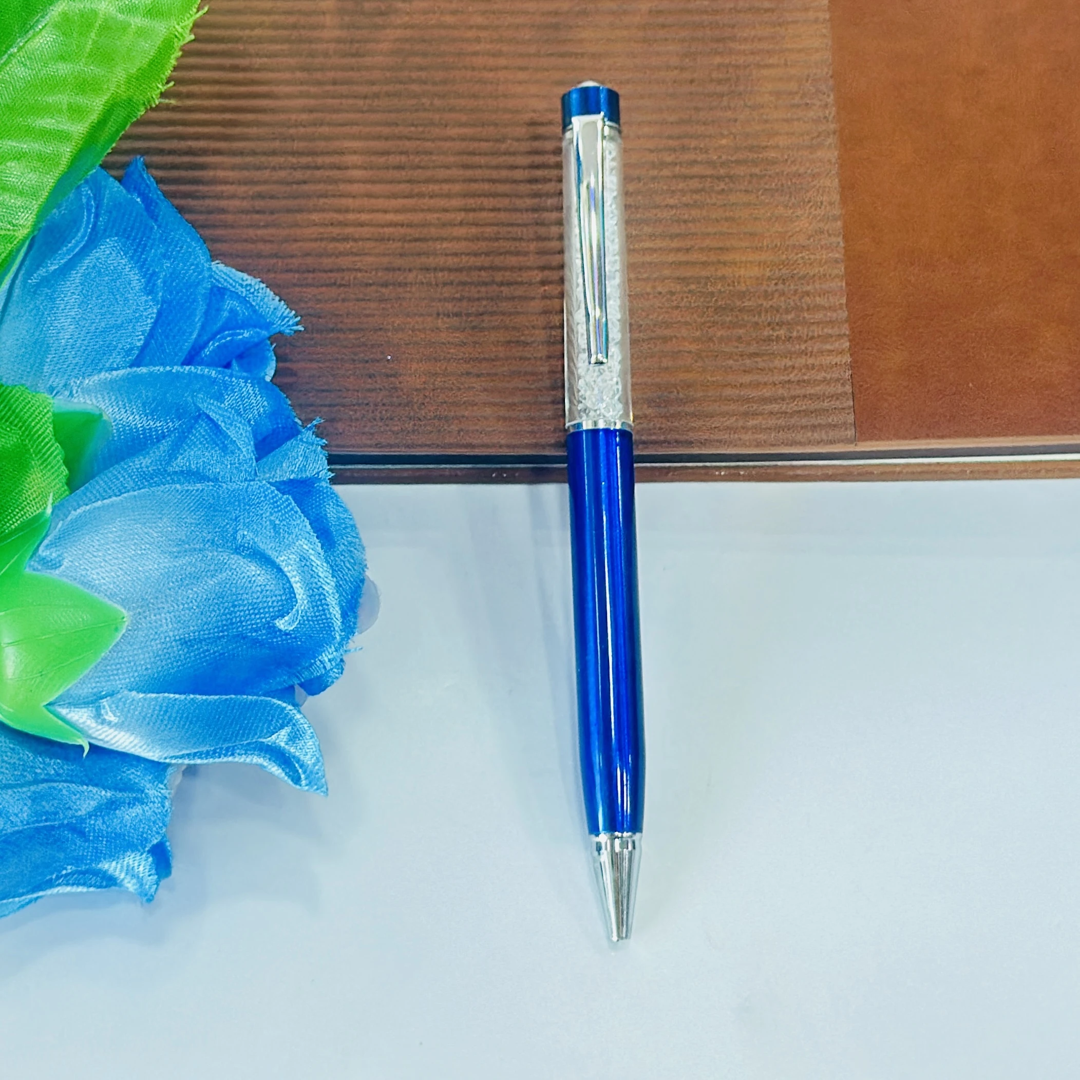 Blue Ink Aluminium Crystal Filled Ball Pen.
