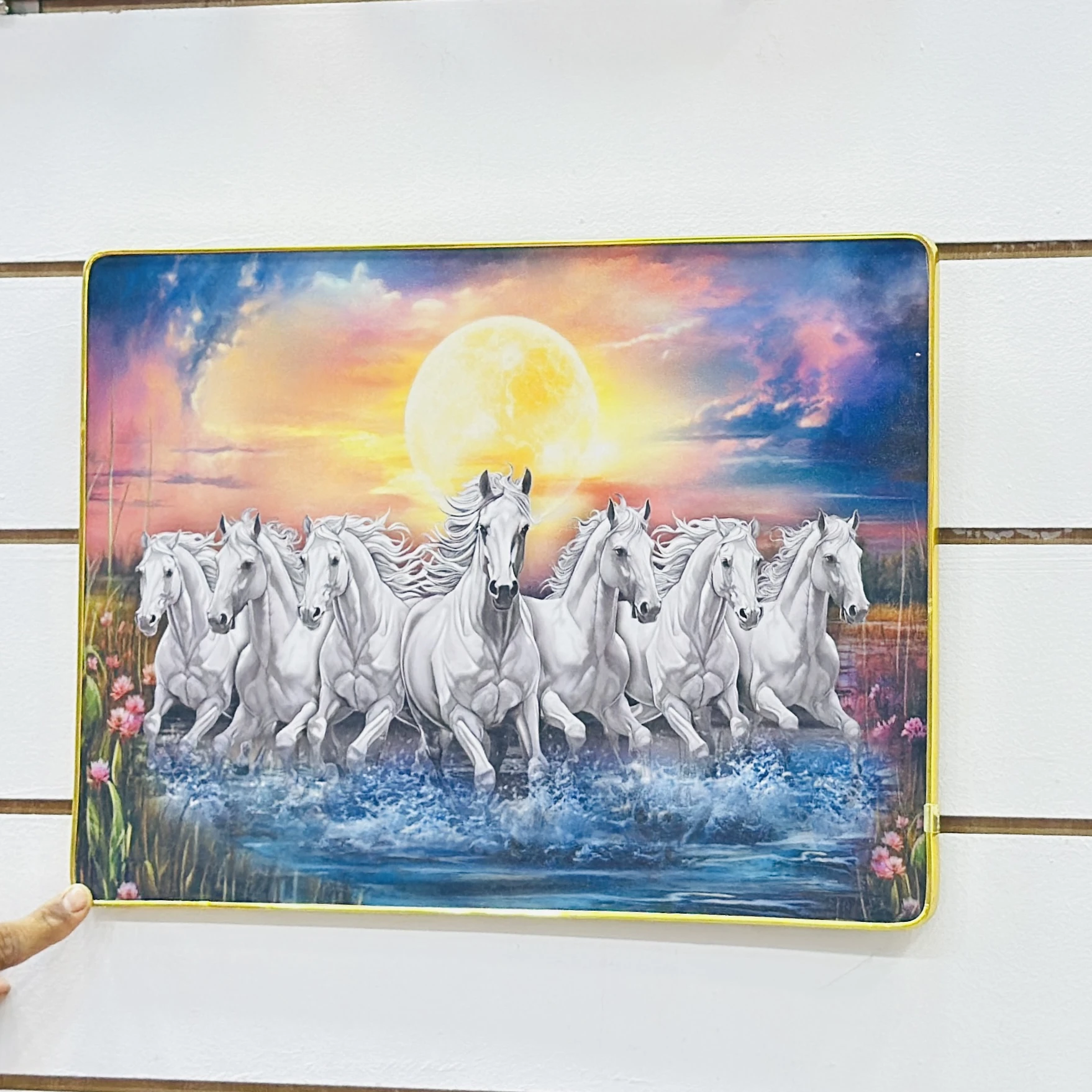 Sunrise White Lucky Seven Running Horses glass wall art…..MUIUCB
