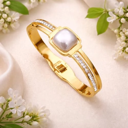 gold-plated pearl and cubic zirconia studded hinged kada
