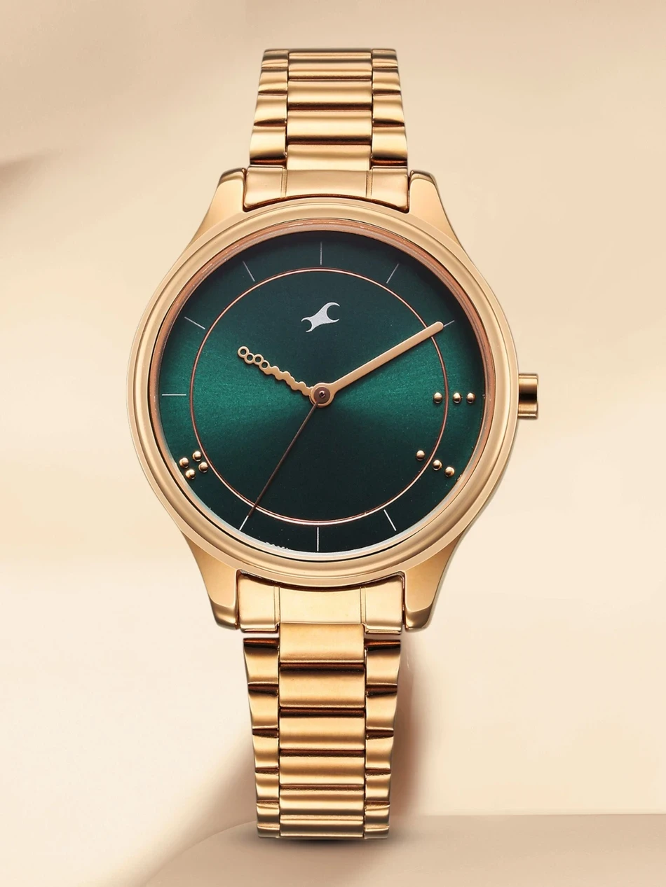 Fastrack Stunners Green Dial Rose Gold MetalStrap Analog Watch  - For Girls NT6296WM02