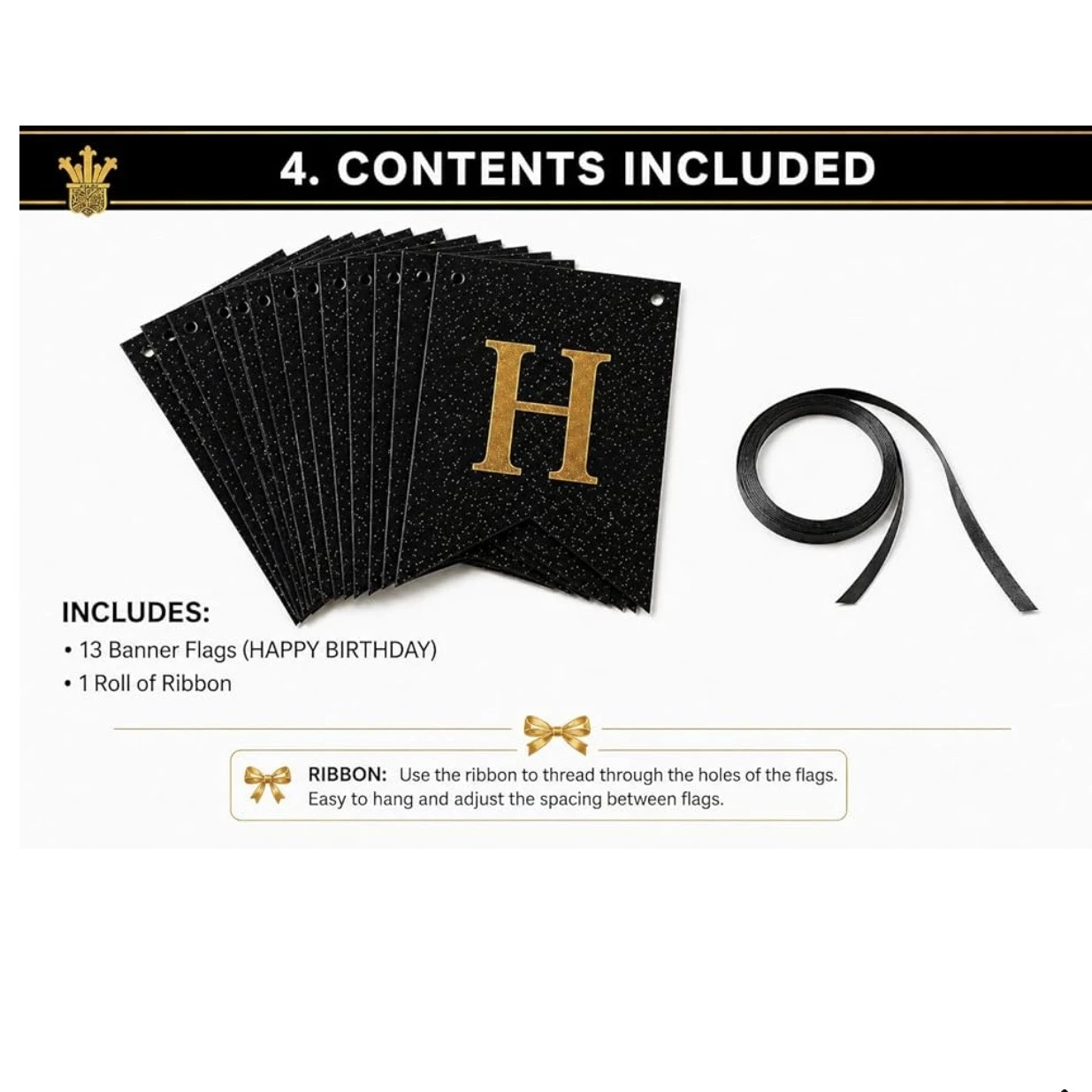 black and gold glitter "Happy Birthday" banner featuring pennant-style cards