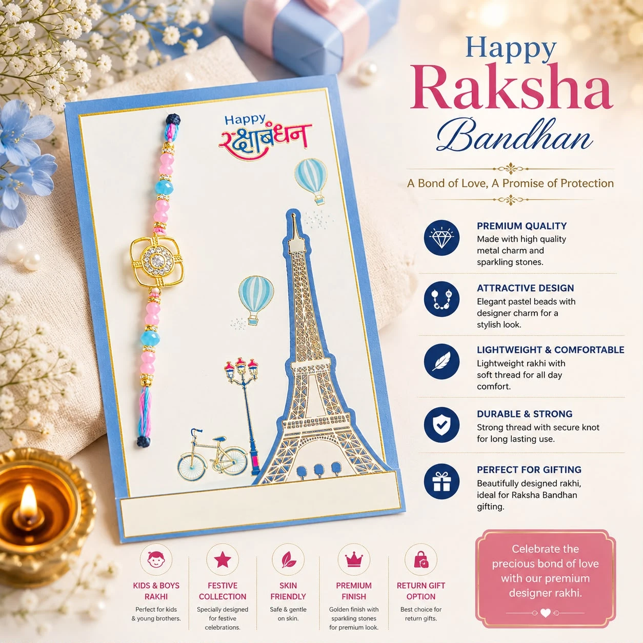 designer rakhi featuring a square metal charm with sparkling stones and pastel beads.