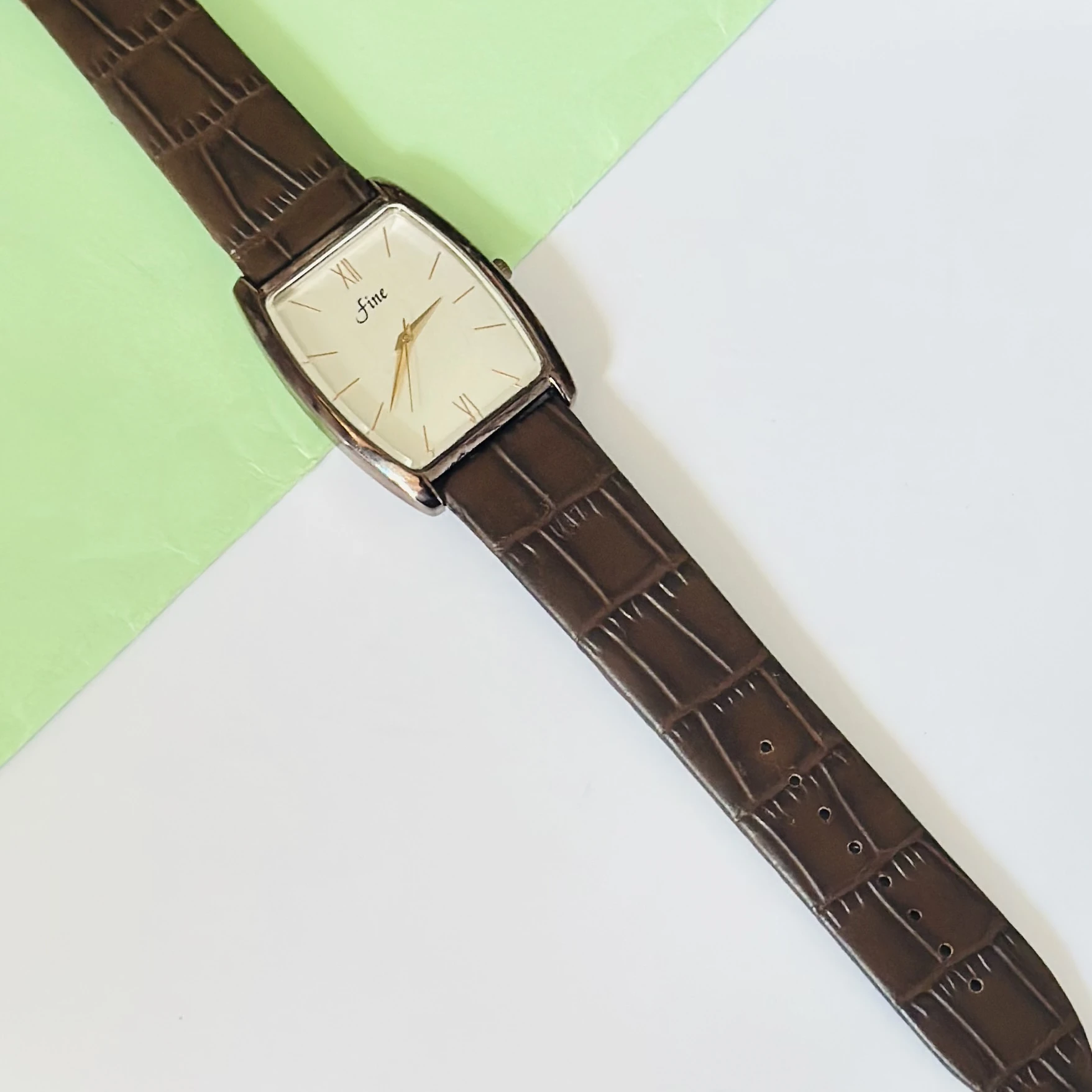 Edge analog watch for men with a white rectangular dial and a brown leather strap.