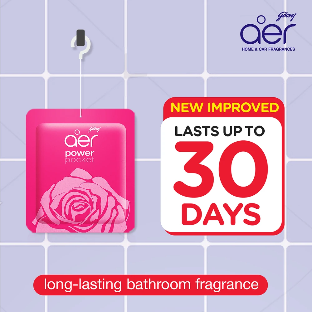 Godrej aer Power Pocket Bathroom Freshener in the Rose Fresh Blossom scent.