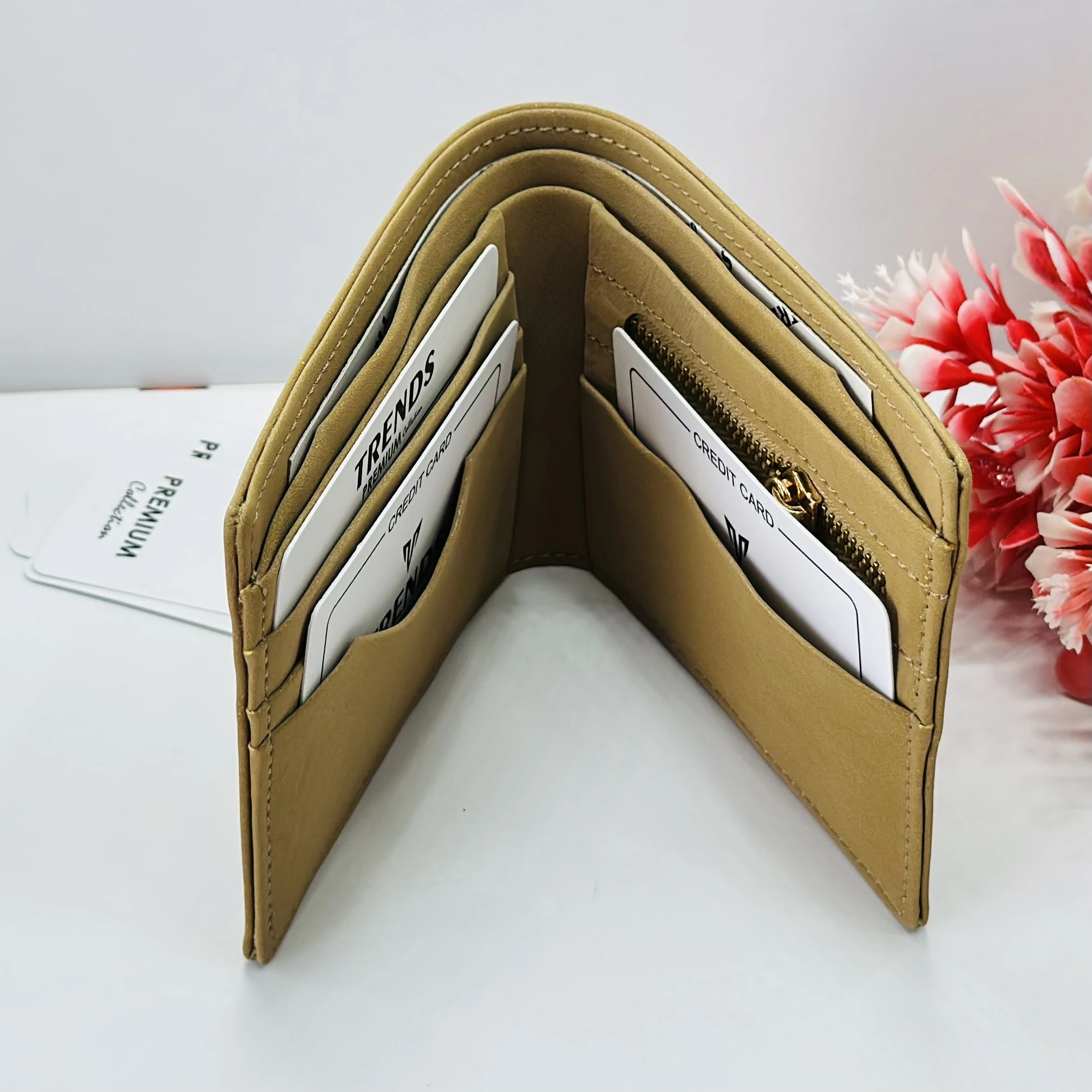 Beige or mustard bi-fold men's wallet