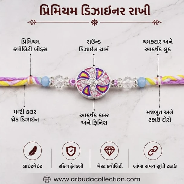 premium designer rakhi features a circular, silver-toned central element adorned with vibrant purple and pink enamel work and clear stones
