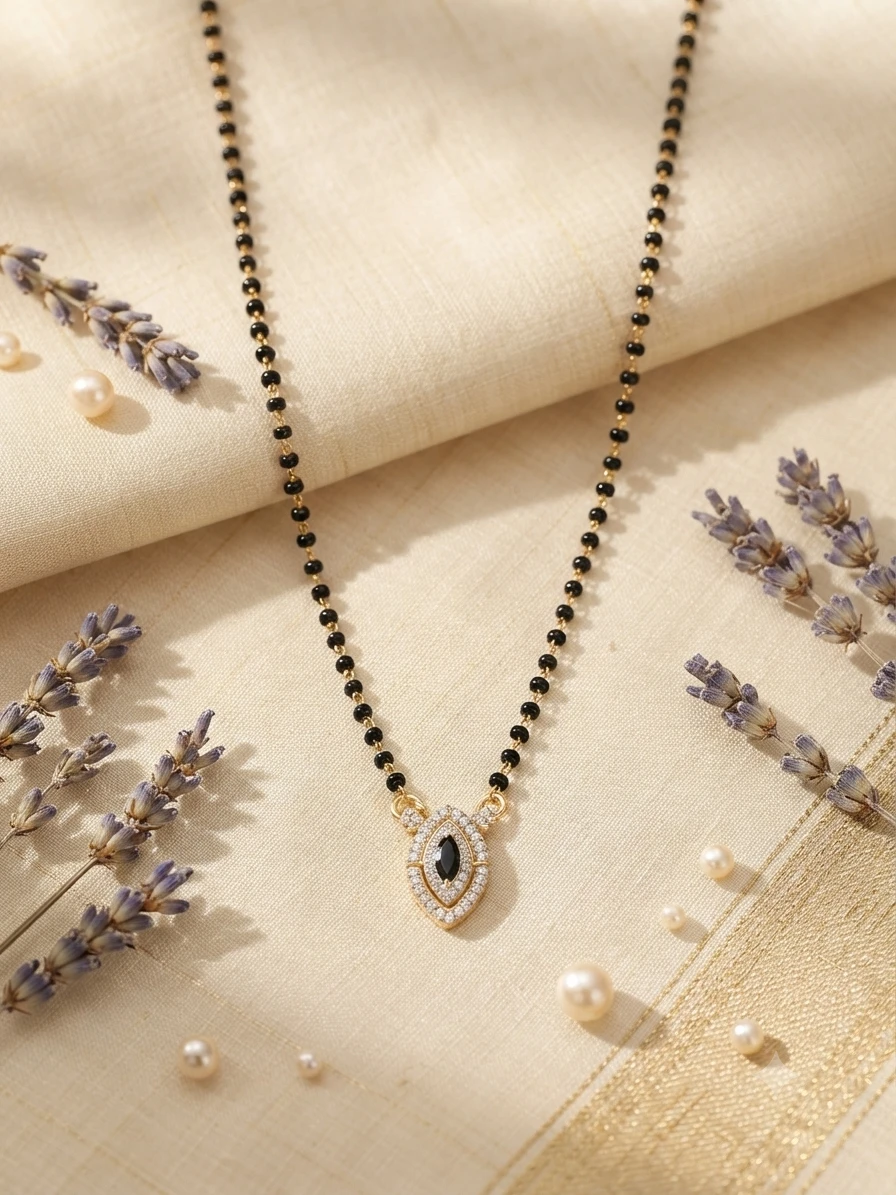 mangalsutra features a marquise-cut black stone