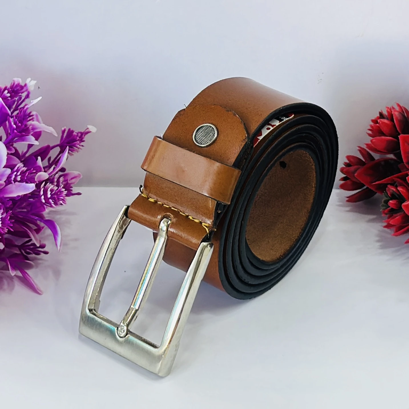 Brown textured leather belt