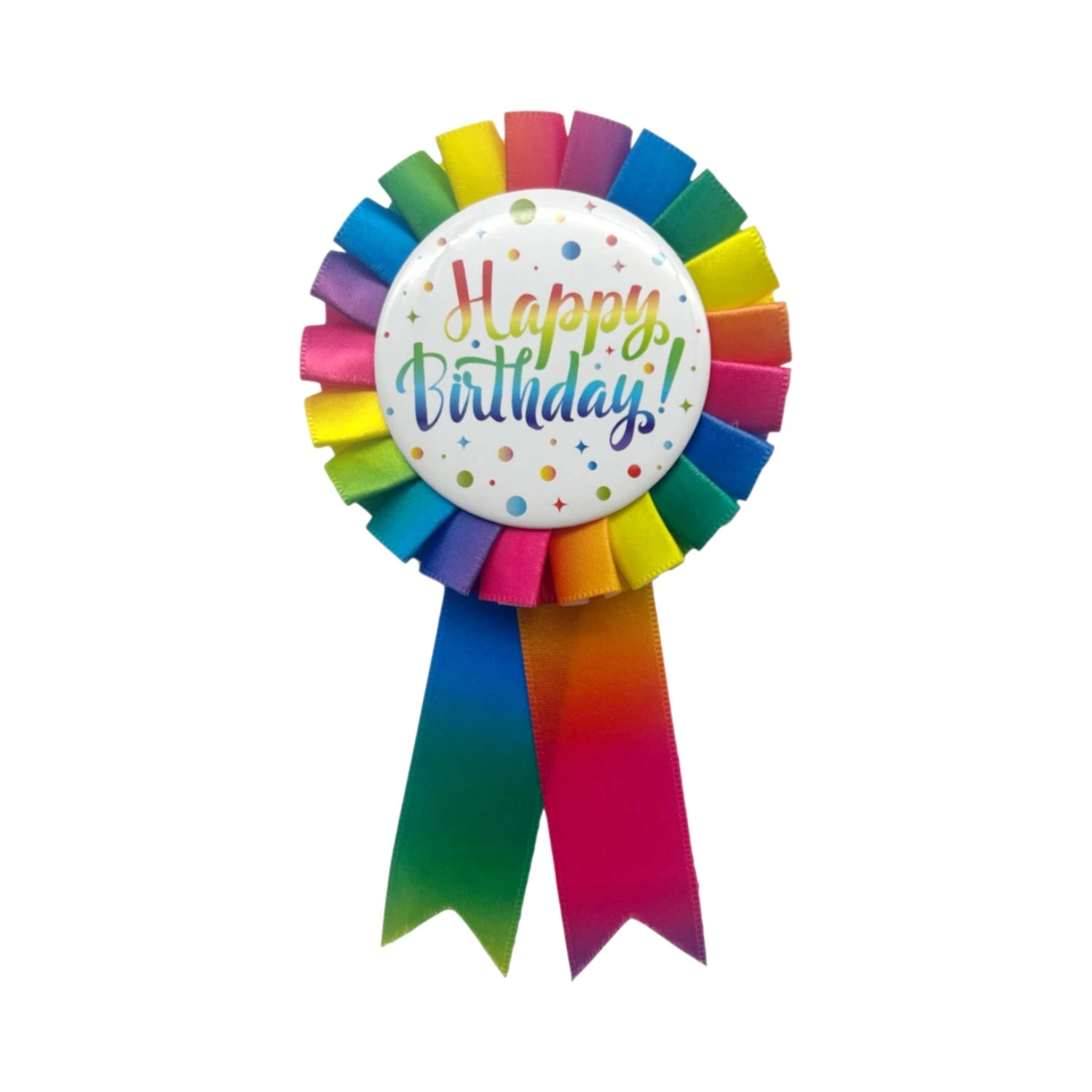 Happy Party brand Rainbow Happy Birthday rosette badge.