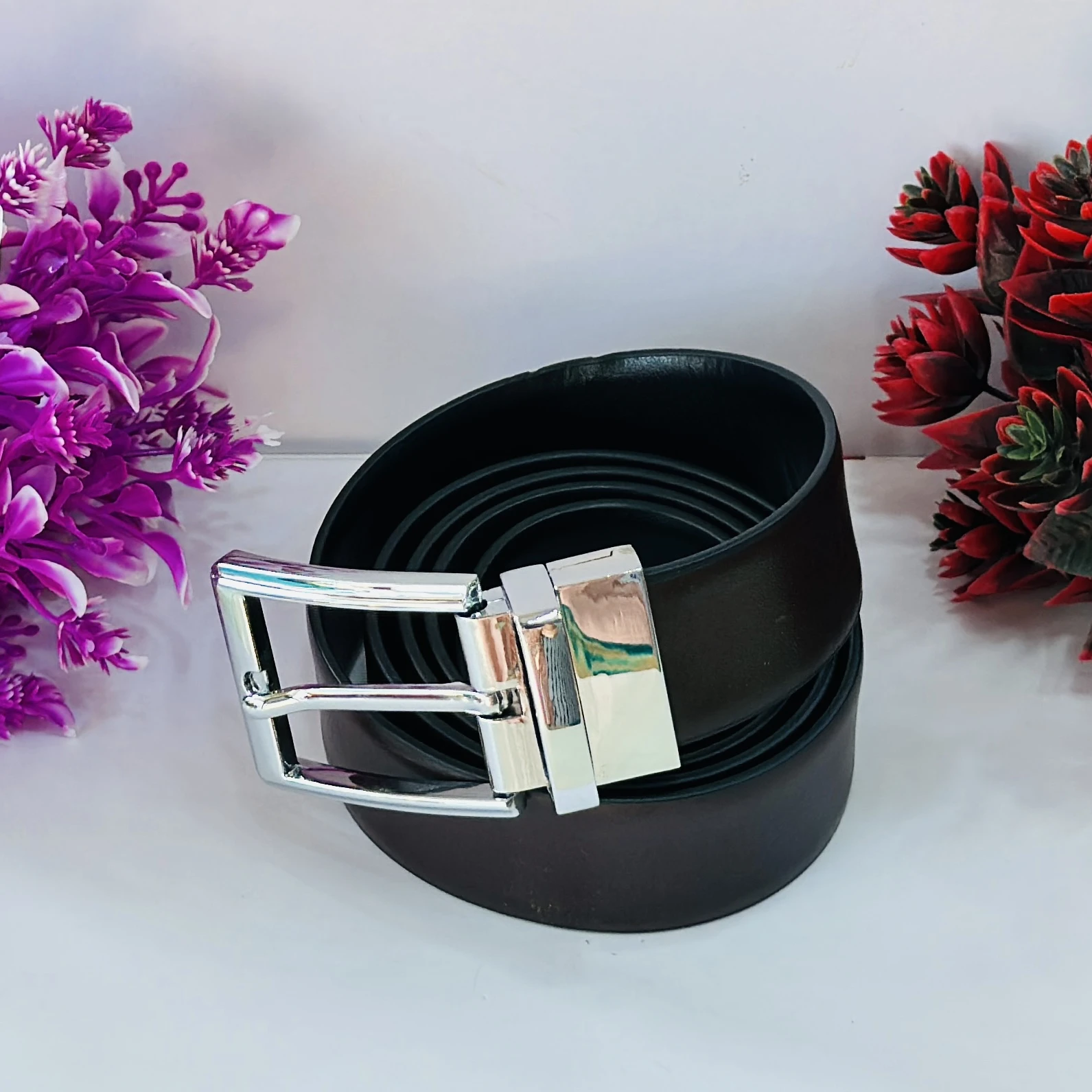 Men Textured Leather Reversible Formal Belt