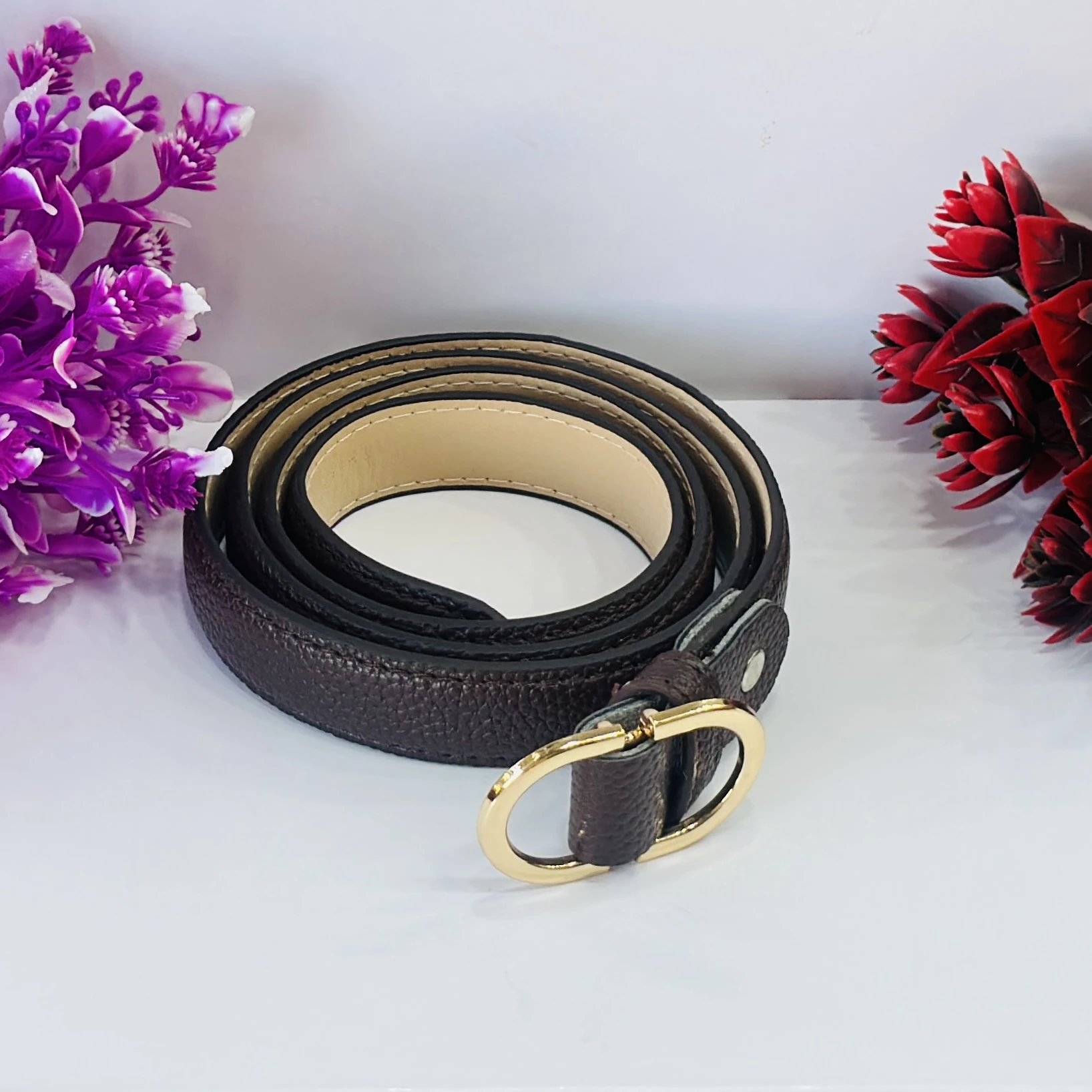 Brown pebbled leather belt