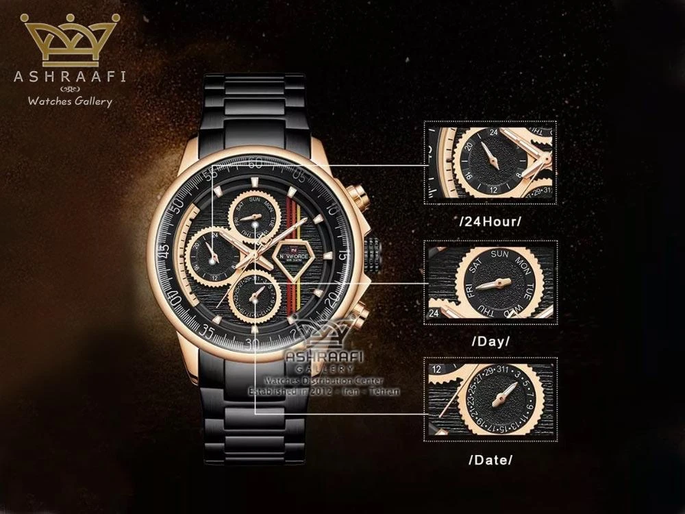 Men’s watch with a black dial and rose gold accents.