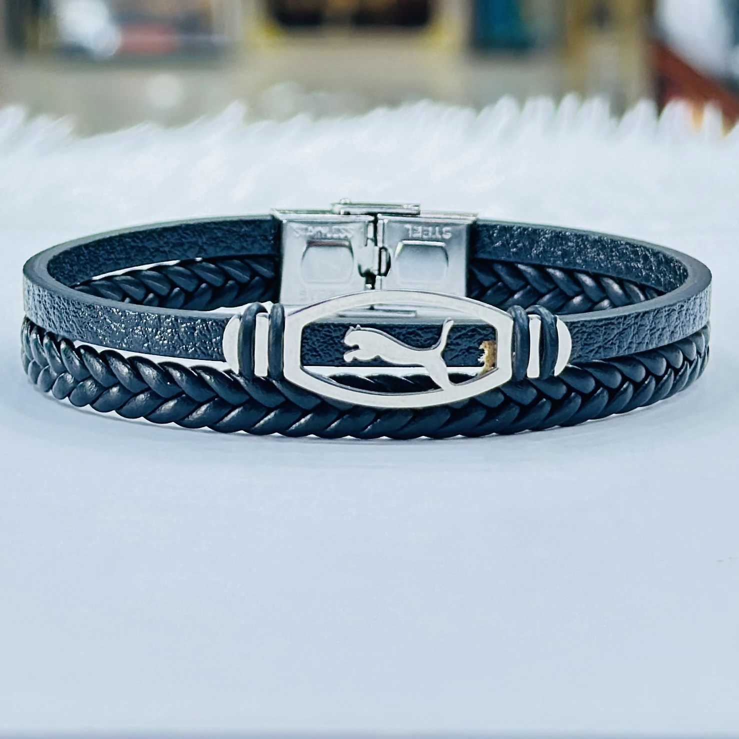 Black leather braided bracelet