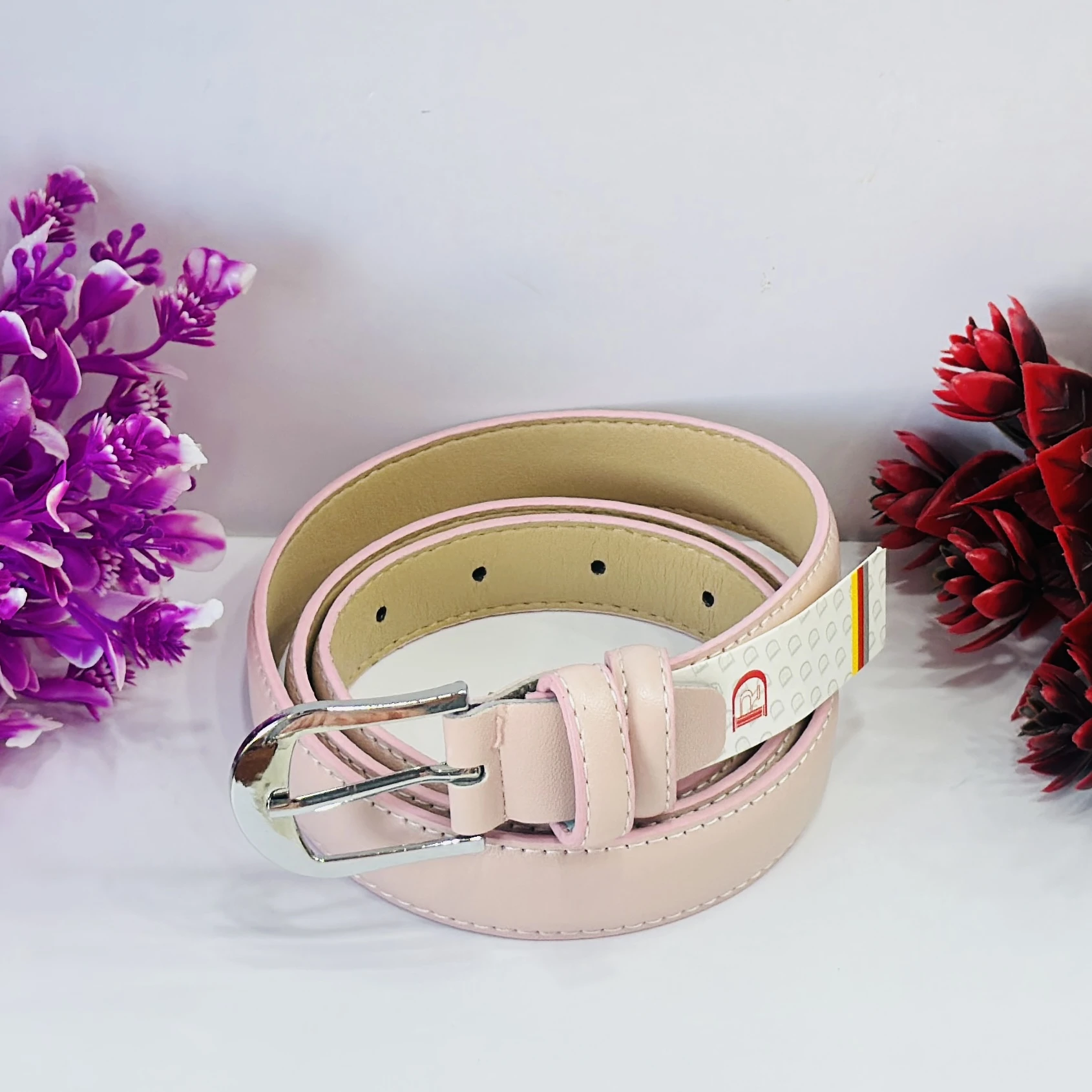 women's pink artificial leather belt