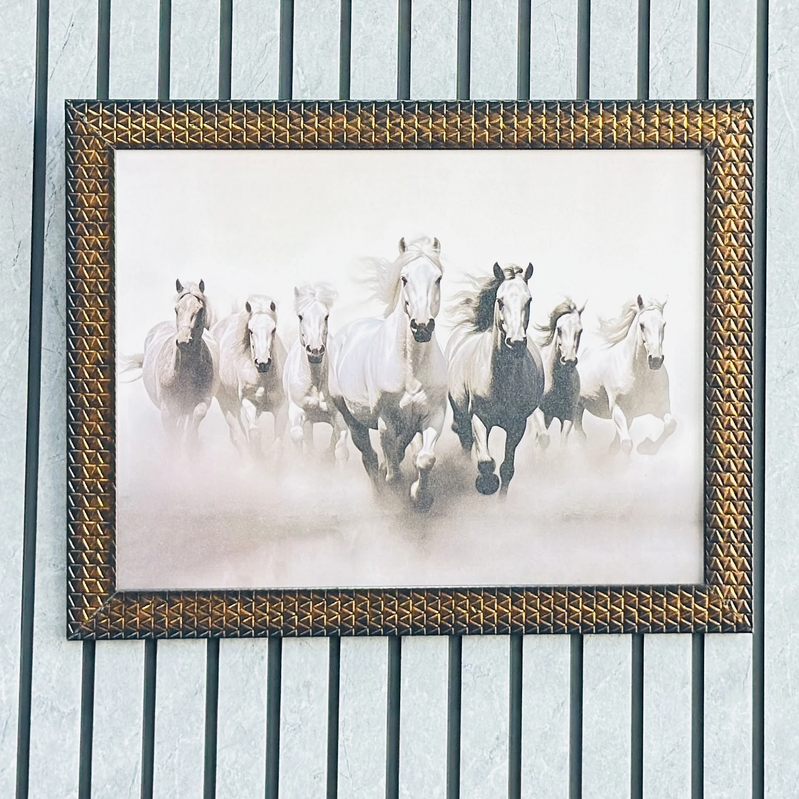 Seven White Running Horses Vastu framed art painting. JBZ80C