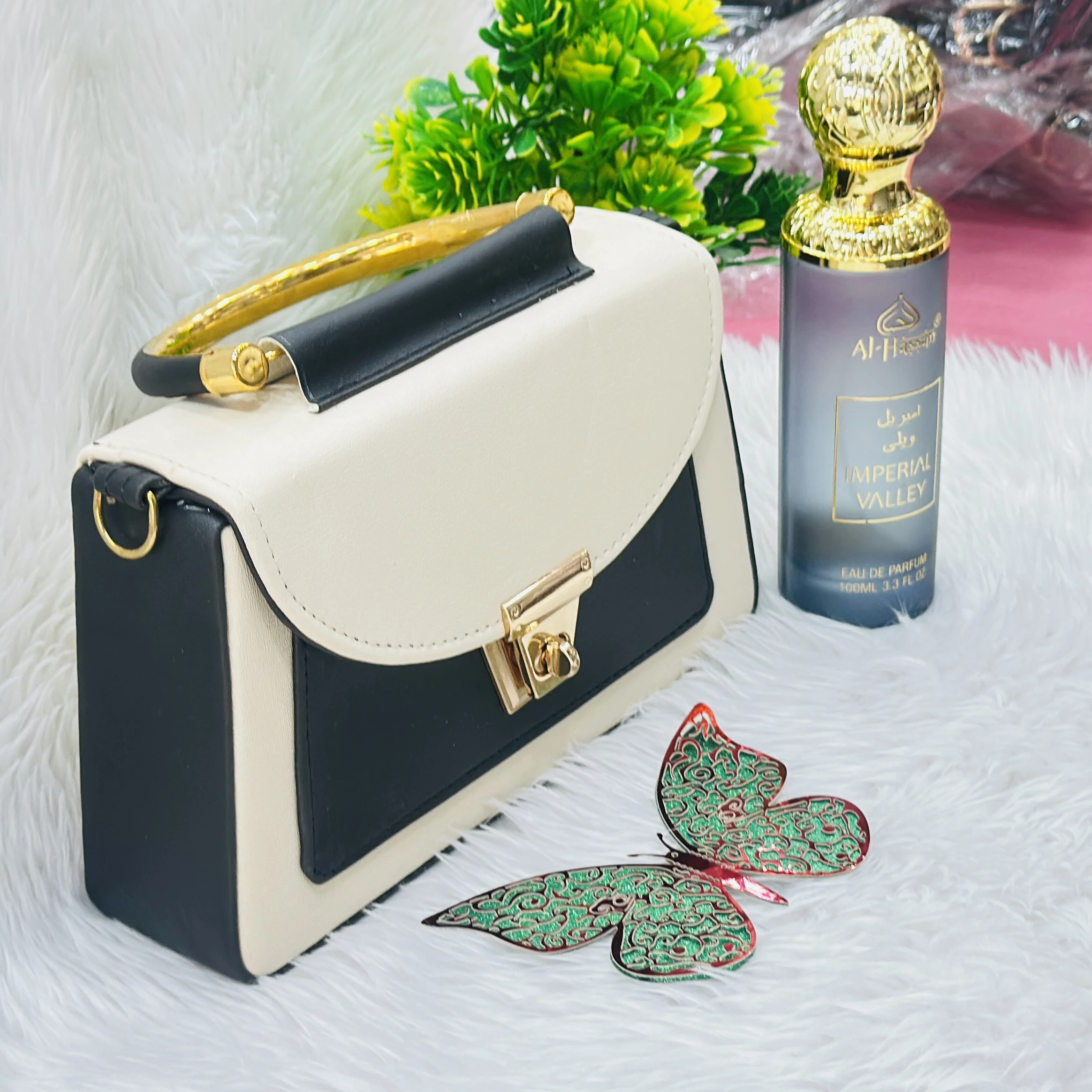 stylish black and white handbag