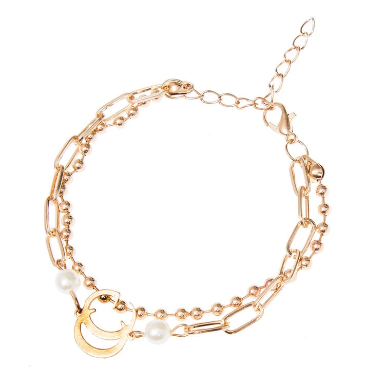 Layered Gold Plated and Pearl Link Chain Bracelet