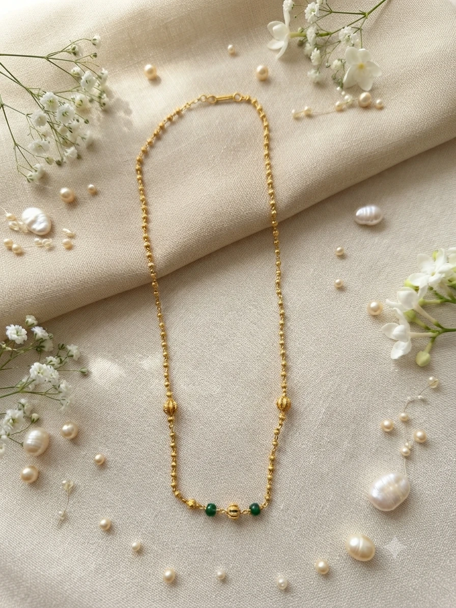 silver gold-plated mala features emerald beads and golden balls