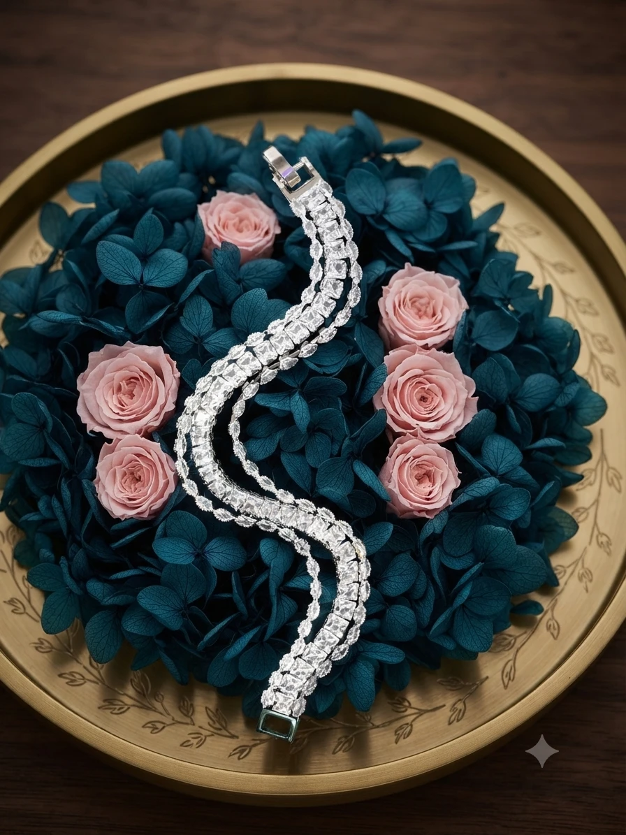 metal silver bracelet features sparkling rhinestones