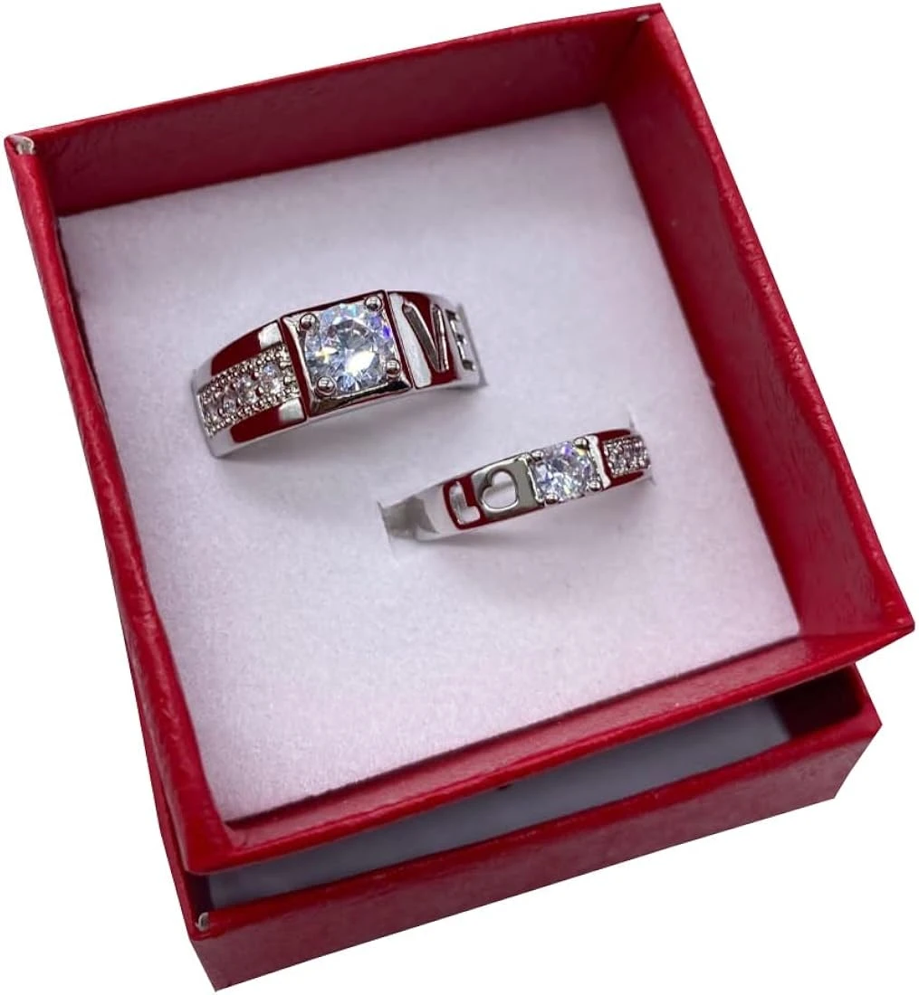 Vendsy Silver Plated Zirconia Studded Ring Set for Couples, featuring "LOVE" lettering on one band.