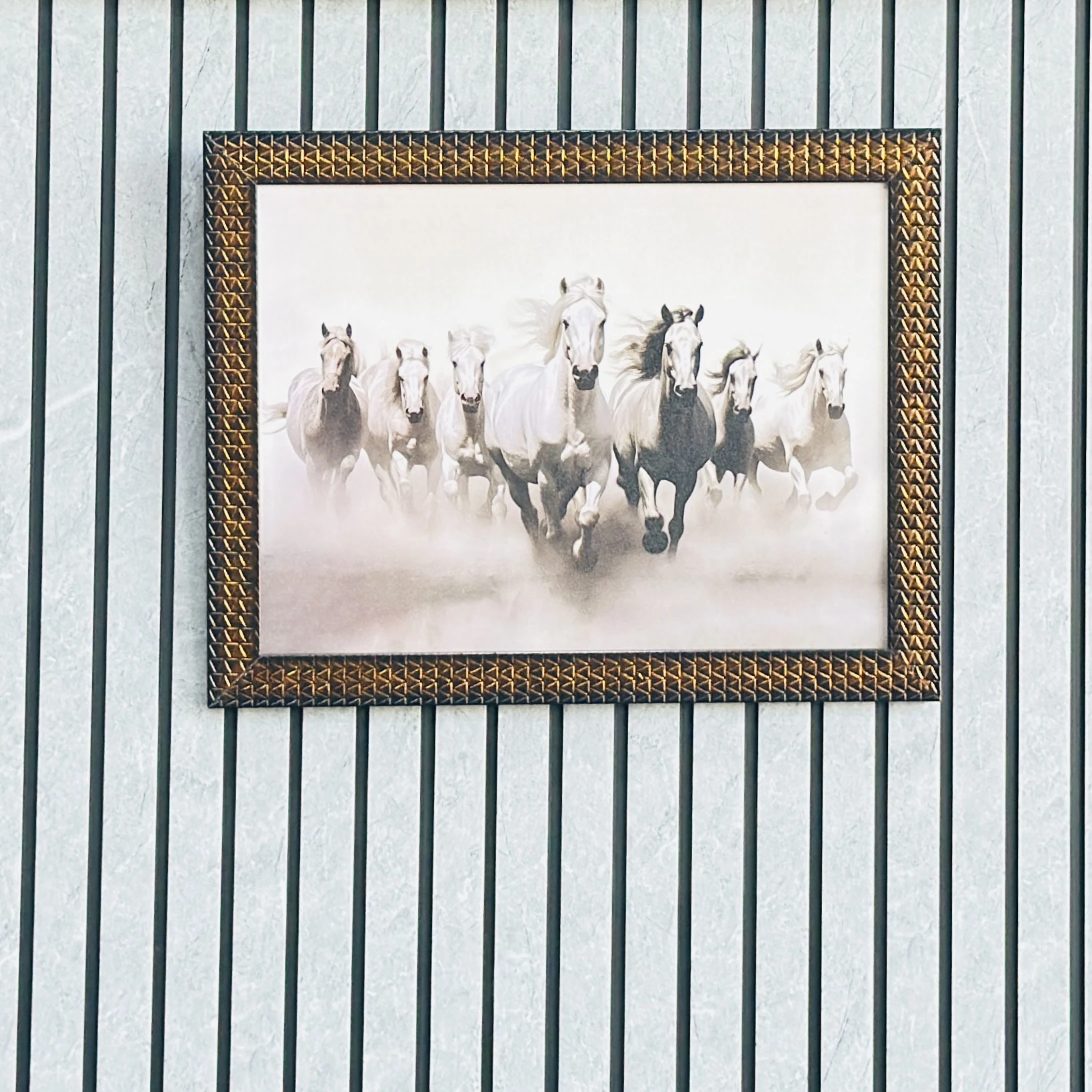 Seven White Running Horses Vastu framed art painting. JBZ80C