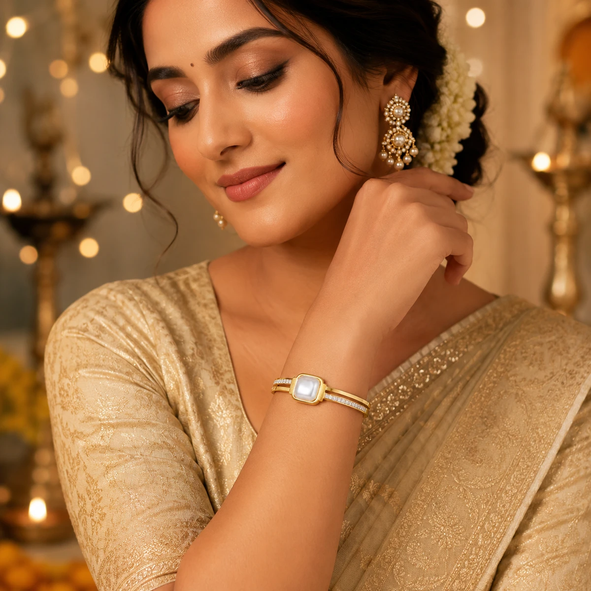gold-plated pearl and cubic zirconia studded hinged kada