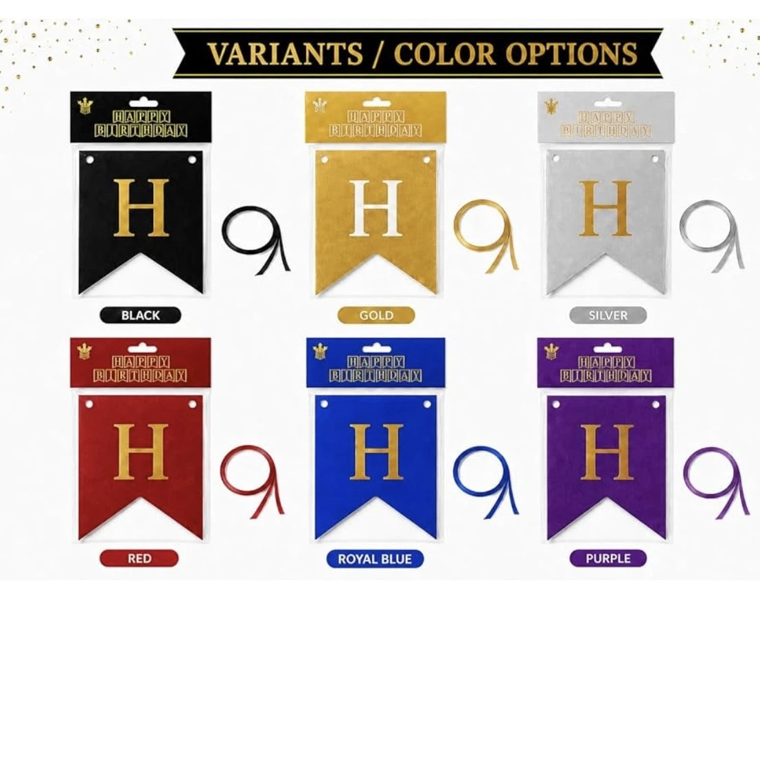 black and gold glitter "Happy Birthday" banner featuring pennant-style cards