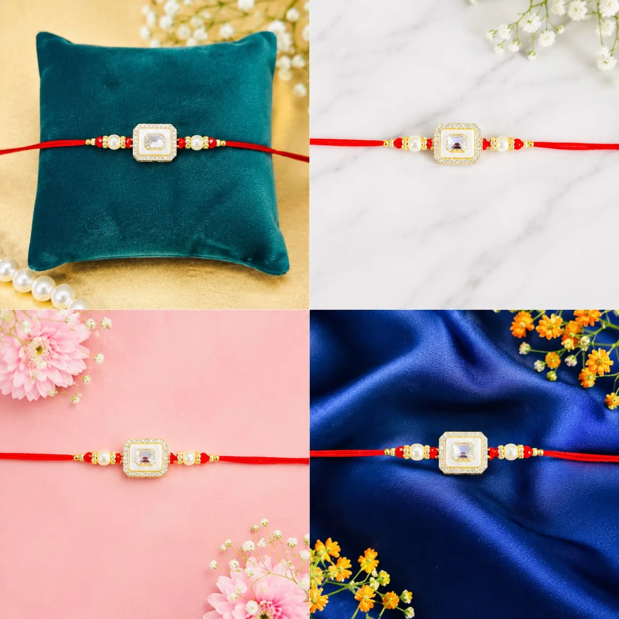 Jewels designer Kundan pearl Bhaiya rakhi for men, featuring a rectangular center stone.