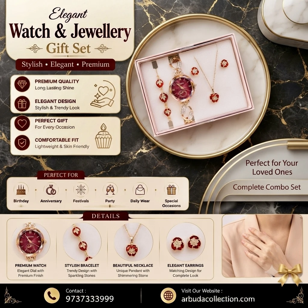 an elegant red-dial watch and matching jewelry gift set