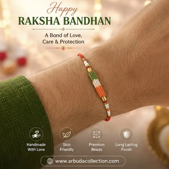tricolor bead rakhi features a cylindrical charm adorned with saffron, white, and green beads