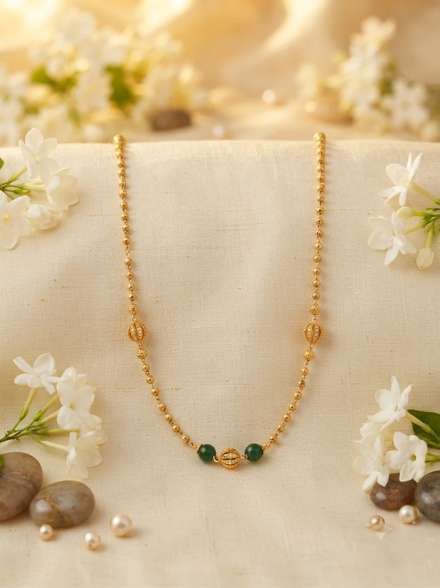 silver gold-plated mala features emerald beads and golden balls