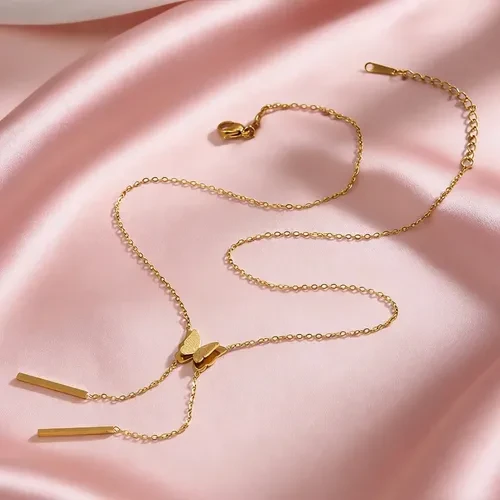 Gold plated stainless steel butterfly pendant lariat style