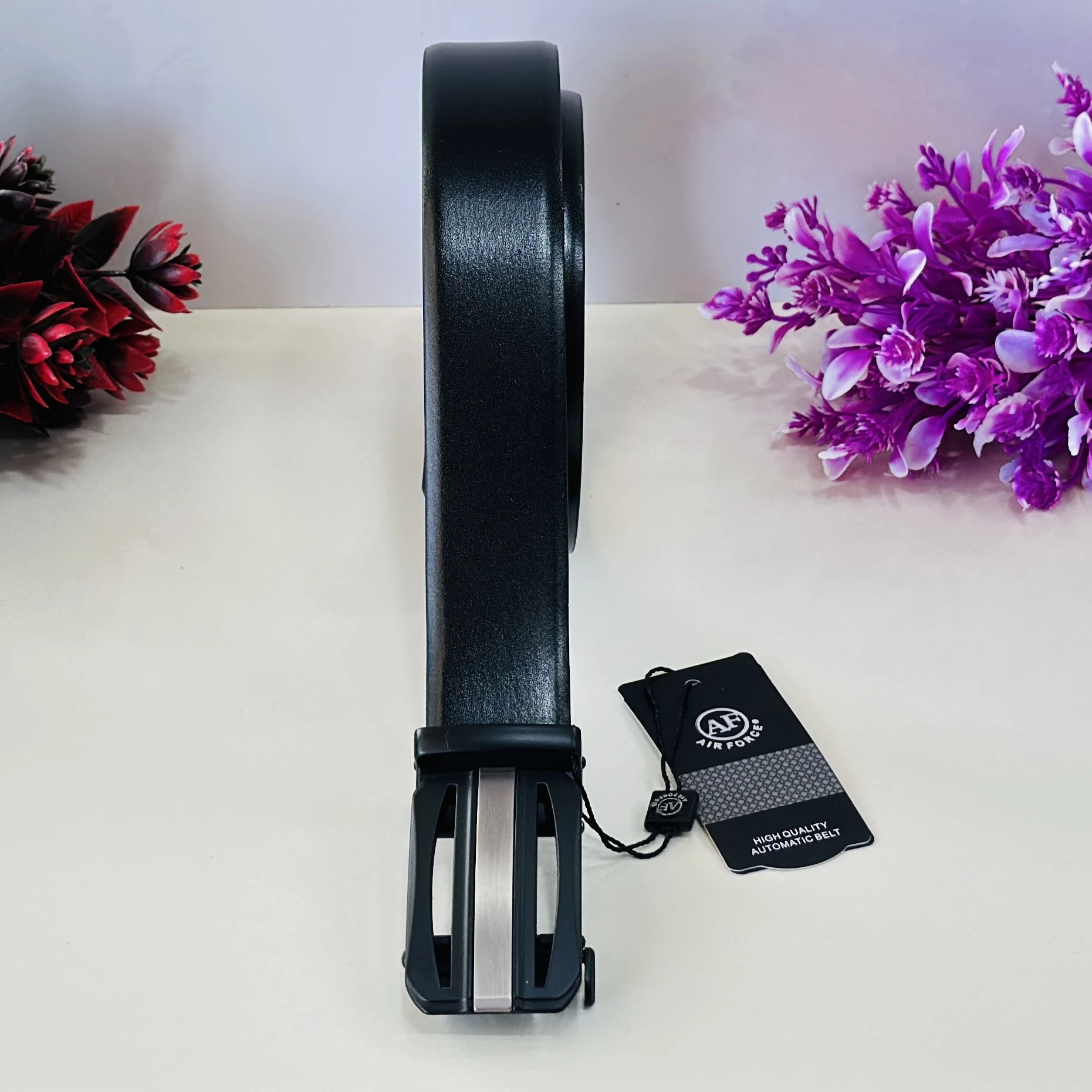 Men's Artificial Leather Auto Lock Buckle Belt for Men (Black)