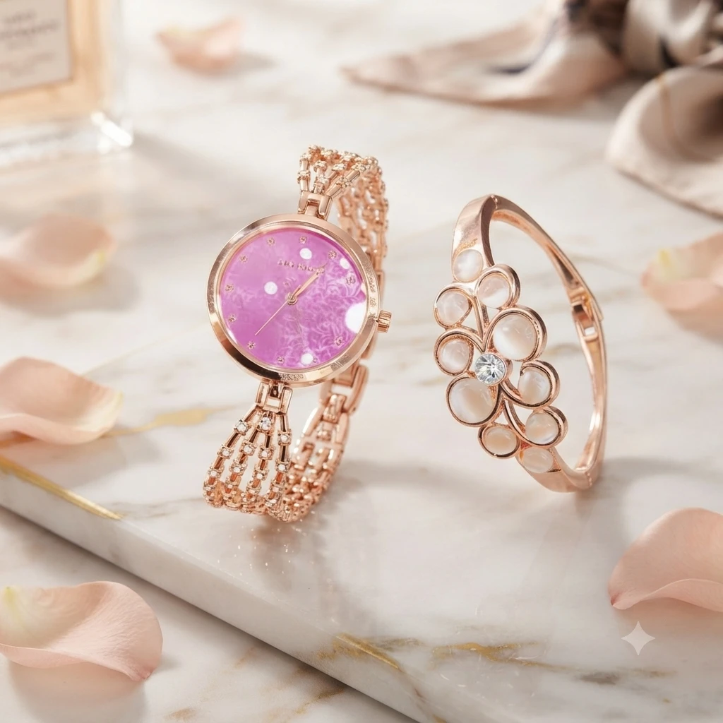 an elegant rose gold women's watch and matching crystal bracelet set