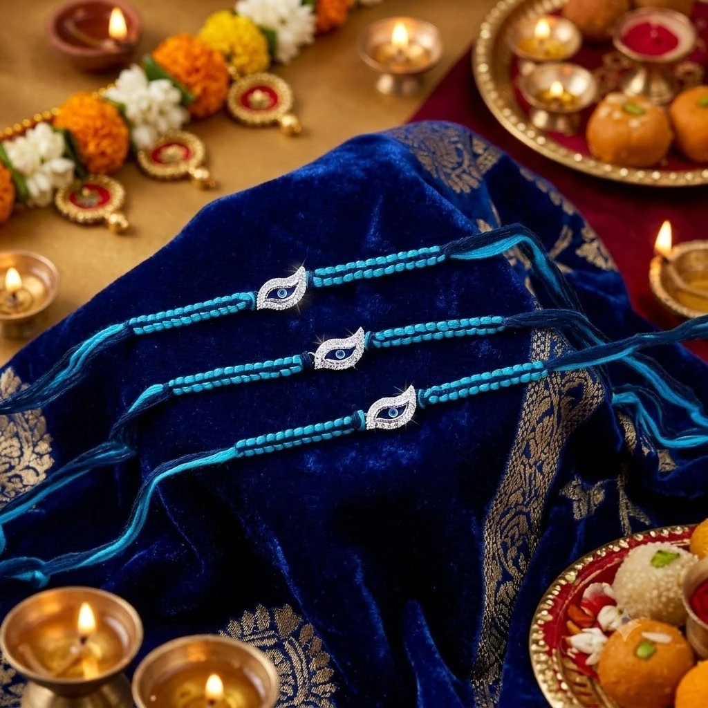elegant blue and silver evil eye rakhis,