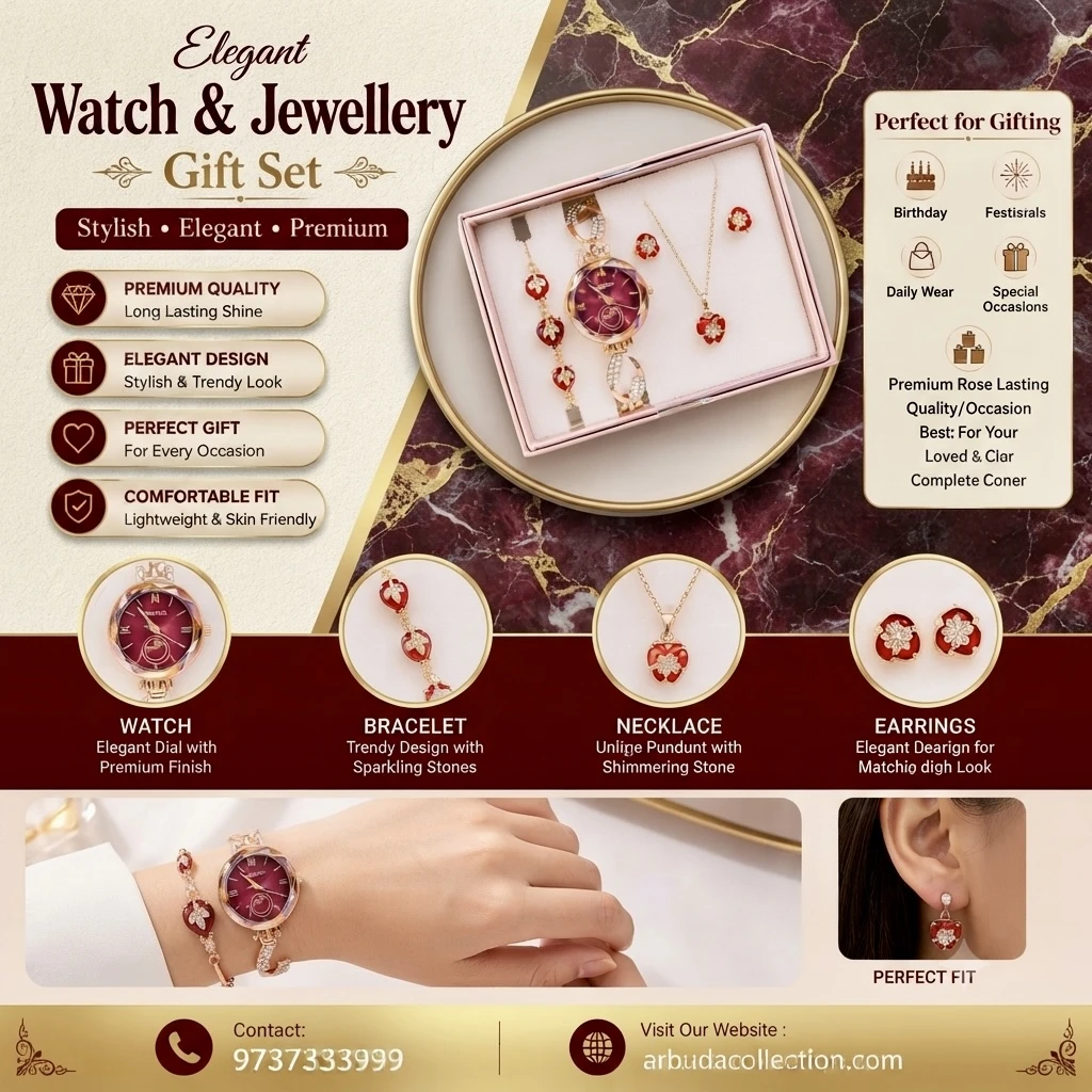 an elegant red-dial watch and matching jewelry gift set