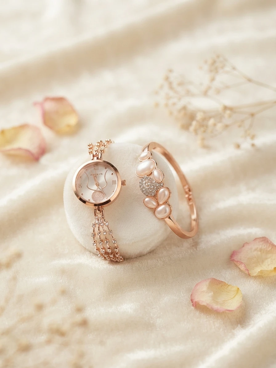 elegant rose gold watch and matching heart bracelet set