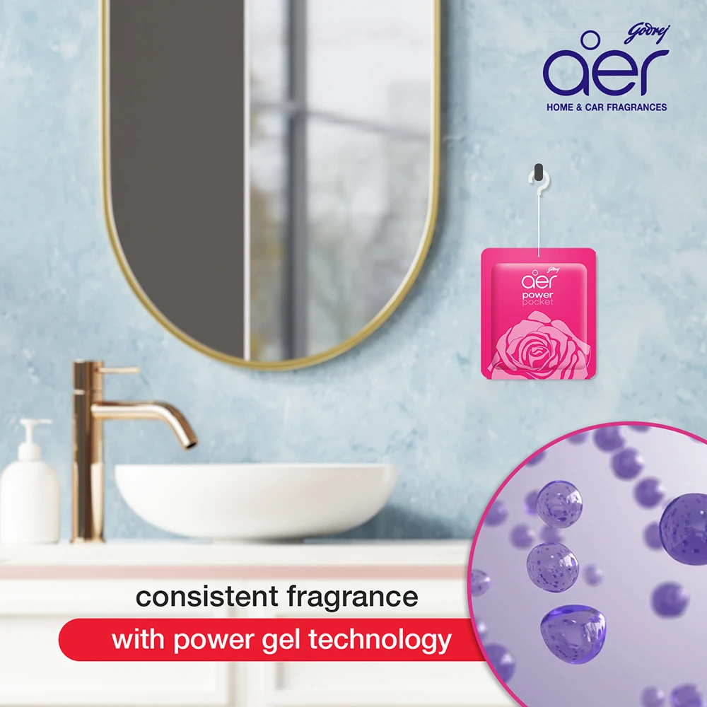 Godrej aer Power Pocket Bathroom Freshener in the Rose Fresh Blossom scent.