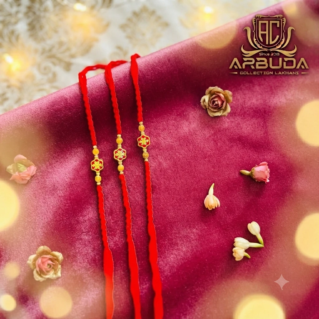 Red thread rakhis decorated with gold-toned charms.