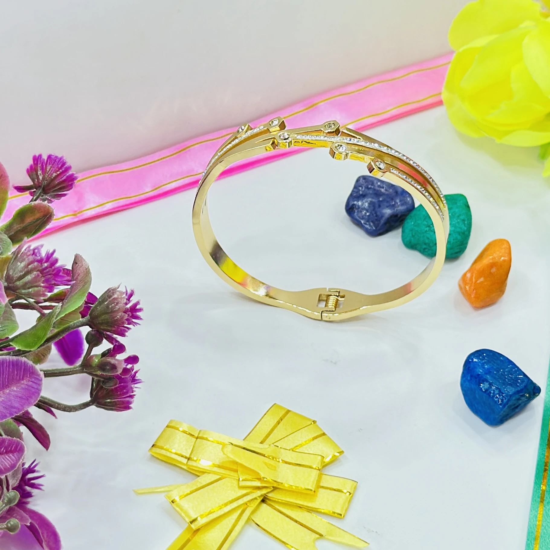Gold plated, openable stainless steel cuff bangle bracelet