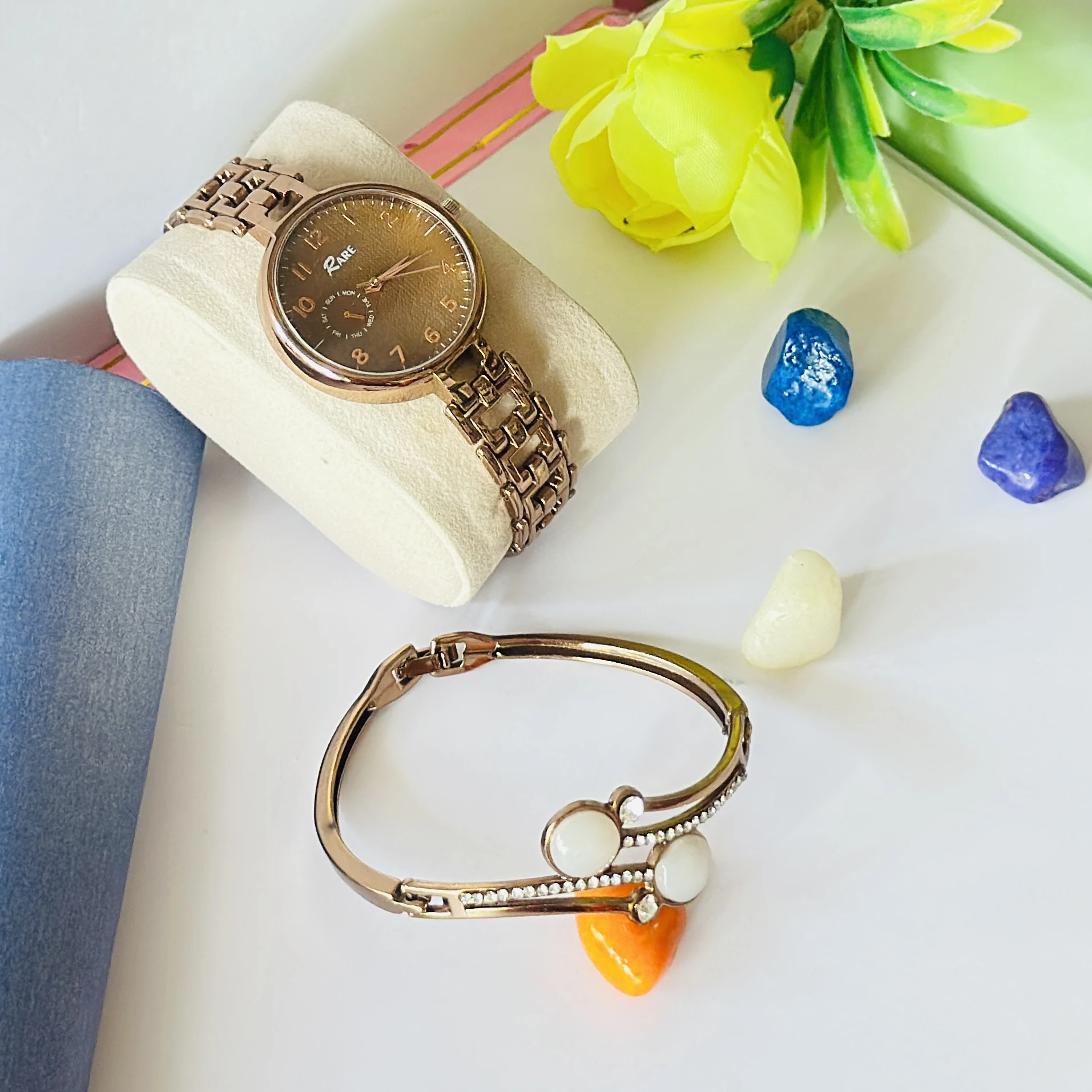 Rare branded rose gold analog watch and matching bracelet set