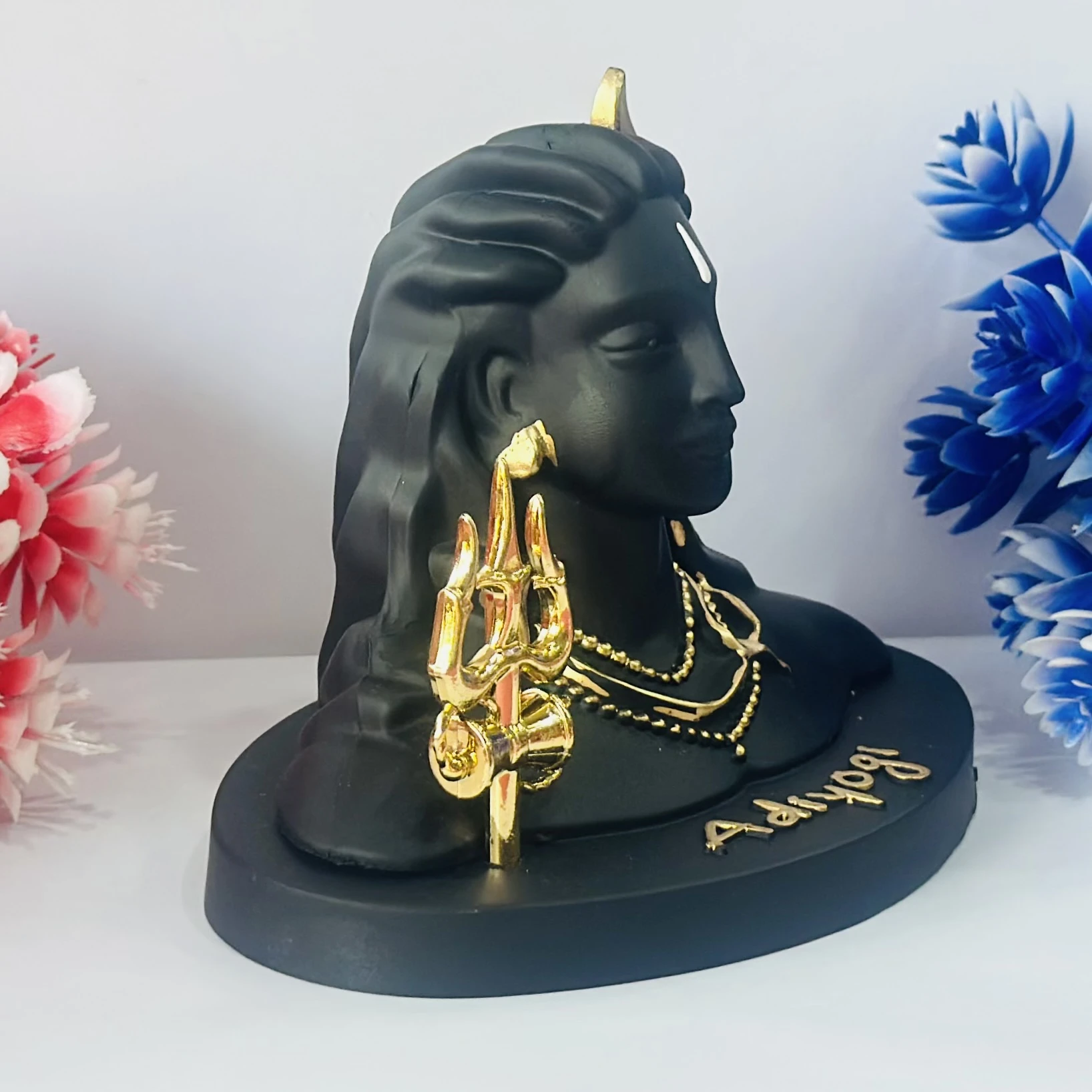 Black Adiyogi Shiva statue with a golden Trishul and crescent moon.(SKU-5I564U)