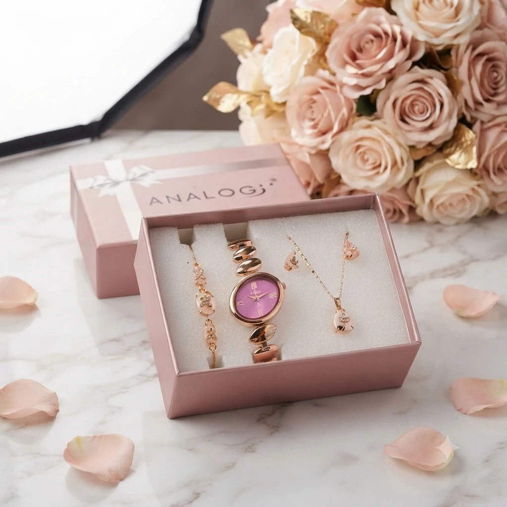 elegant Kayxn Celestique Edition Watch & Jewelry Set features a matching square burgundy-red dial and coordinating gemstone accessories